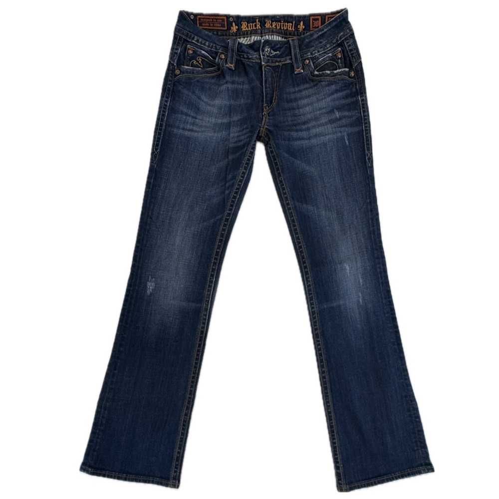 Rock Revival Chrissie Bootcut Jeans – Size 30 – Dark Wash Fleur-de-Lis